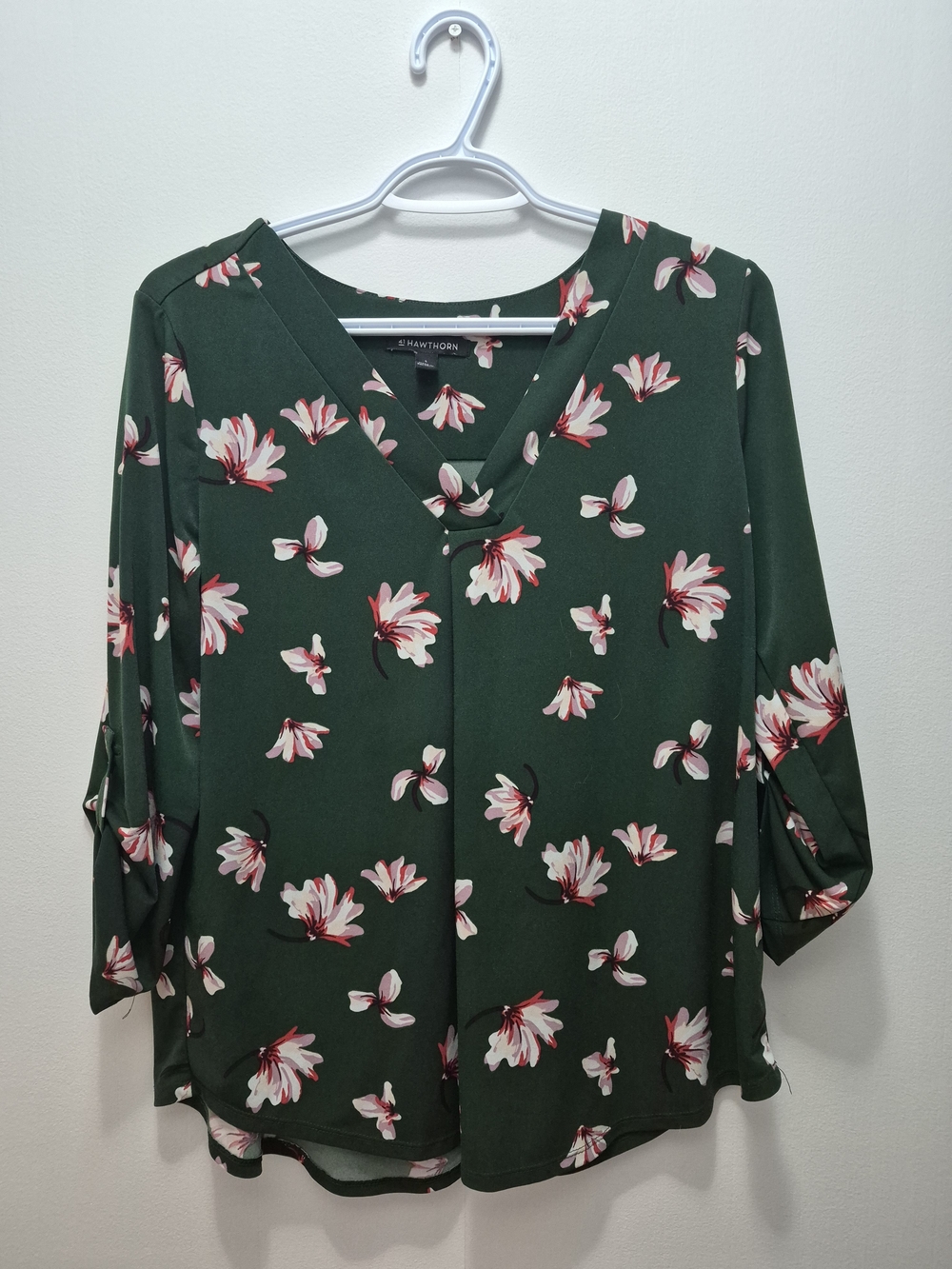 41 Hawthorn Dark Green Floral V-Neck Blouse with Pink and White Blooms